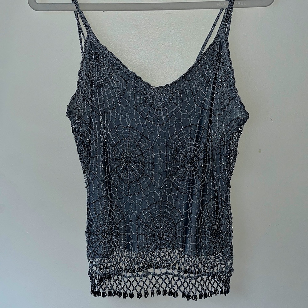 A beautiful vintage beaded tank top, silver blue tone pattern is like spiderwebs